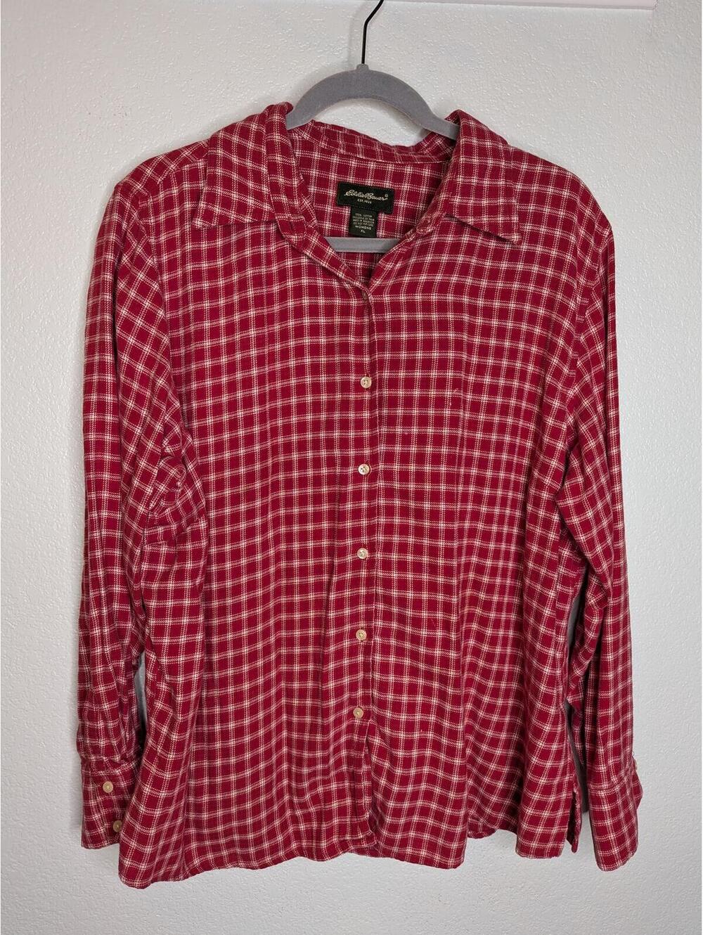 Eddie Bauer Red Plaid Button Front Shirt Women's XL 100% Cotton